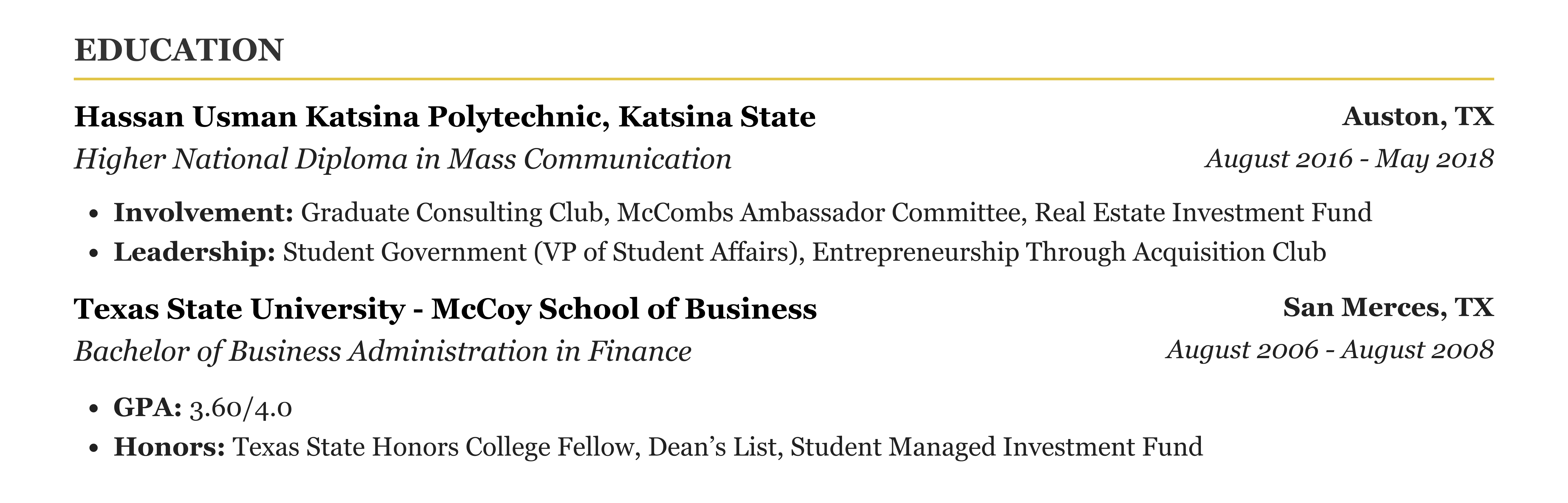 Education Section Formatting